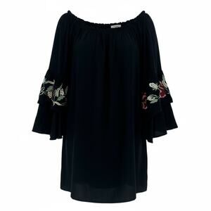 Blue Rain Women’s Black Boho Peasant Dress Small Bell Sleeves Floral Embroidered